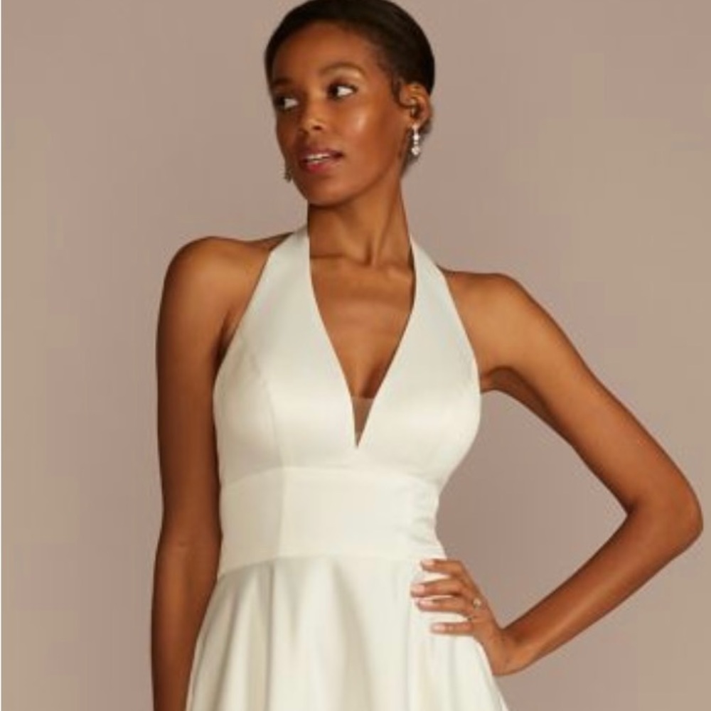 Ivory plunging halter satin a-line wedding dress